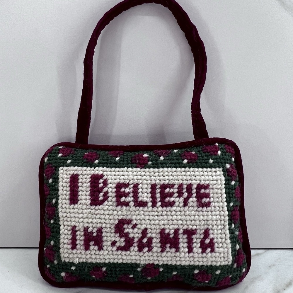 Christmas I Believe In Santa Wool Needlepoint Velvet Door Hanging Ornament 7x5"